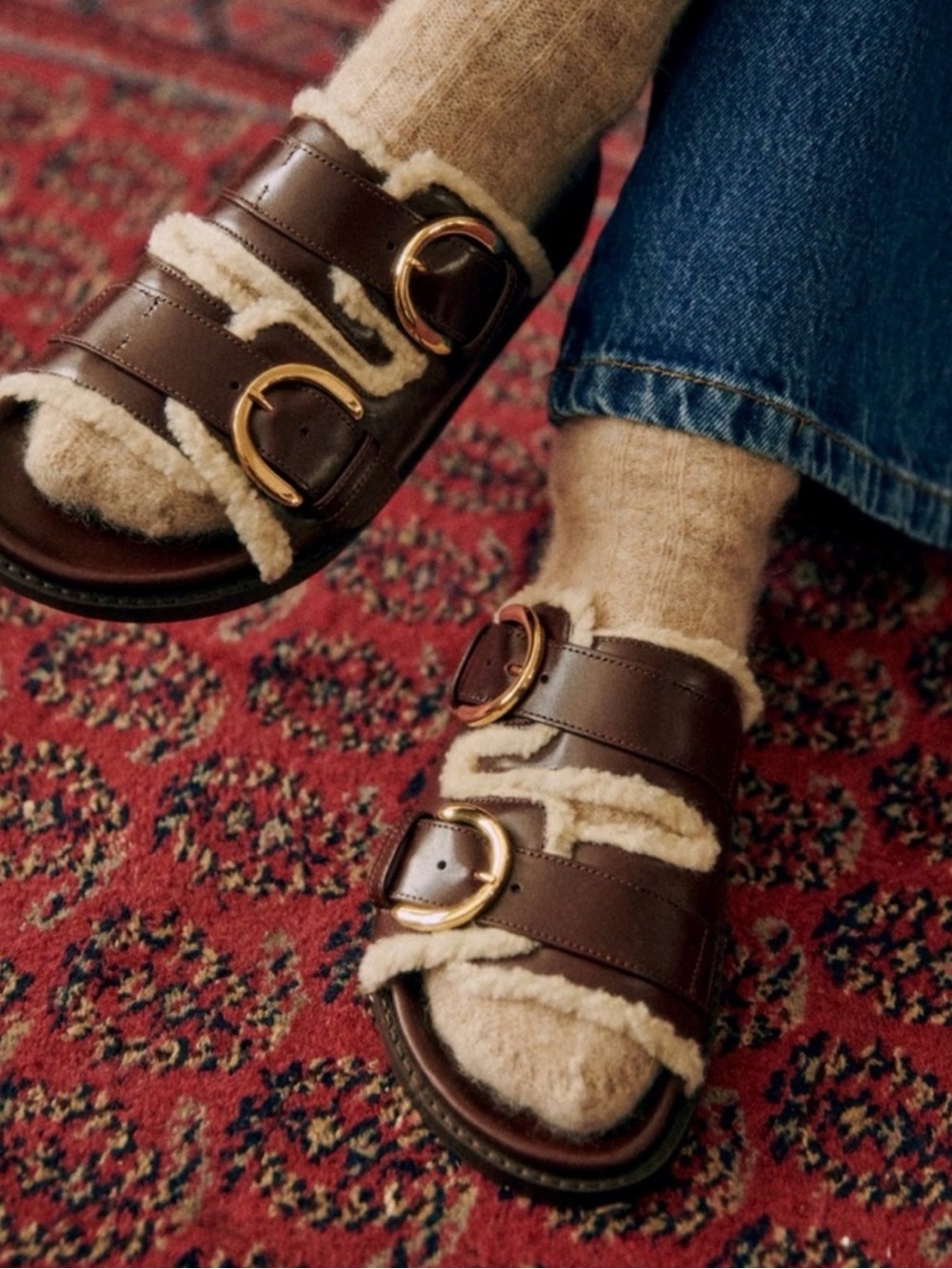 Sezane Women’s Brown Shearling-Trim Slide Sandals size 7 / 38 - Picture 3 of 3
